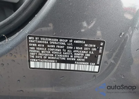 2017 Volkswagen Passat 1.8T S z USA, uszkodzony, nr VIN 1VWAT7A37HC008911